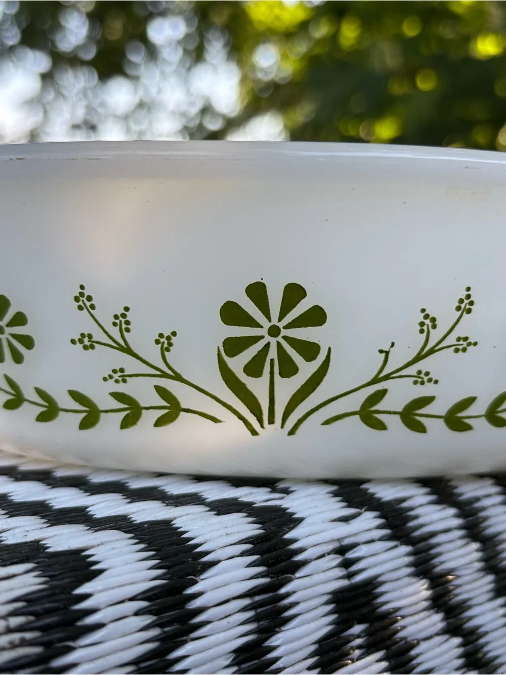 Vintage 1960’s Glasbake milk glass green daisy floral design dish-ware